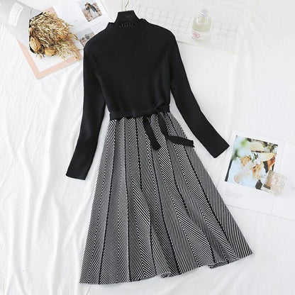 Autumn Winter Women Knitted Dress 2020 New Korean Long Sleeve Half turtleneck A Line Sweater Dress Elegant Ladies Bandage Dress