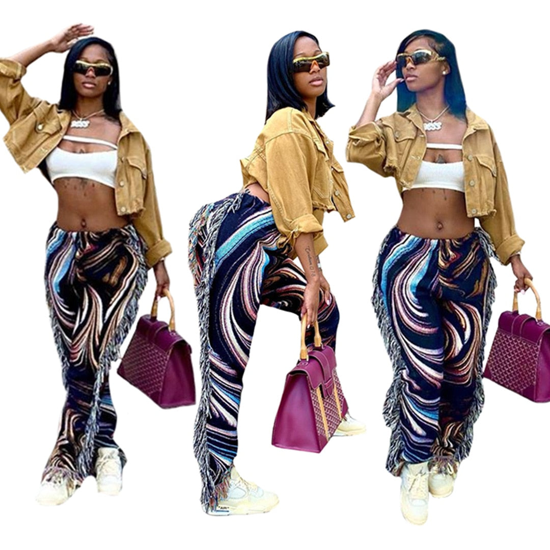 Tassel Patchwork Striped Print Jogger Pant Women Rave Festival Clothing 2021 Summer Casual High Waist Bodycon Active Sweat Pants