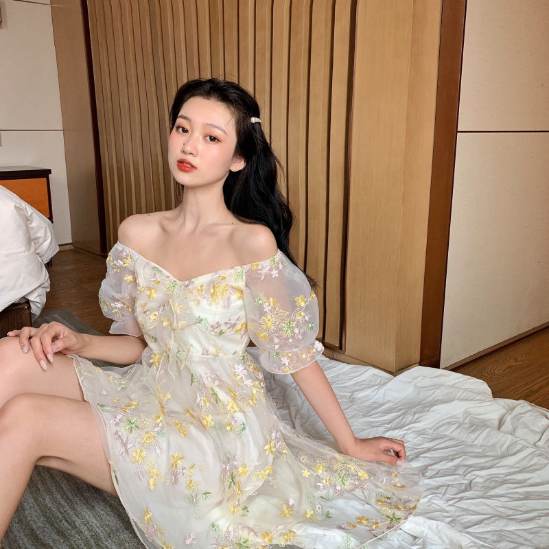 French Floral Dress Women Sexy Puff Sleeve Lace Chiffon Print Mini Dress Women Summer Korean Style Vintage Fairy Dress New 2022