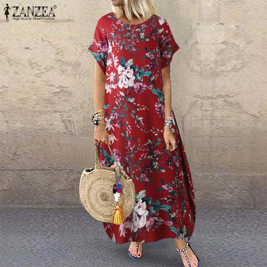 ZANZEA 2022 Fashion Summer Beach Dress Women's Printed Sundress Casual Short Sleeve Maxi Vestidos Female Floral Robe Oversized