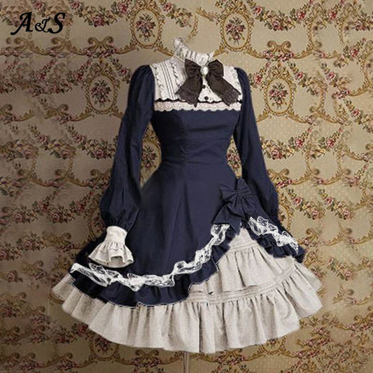 Anbenser Lolita Dress Women Vintage Gothic Court Square Collar Patchwork Bow Dress Cute Girls Princess Dress Cosplay Costumec