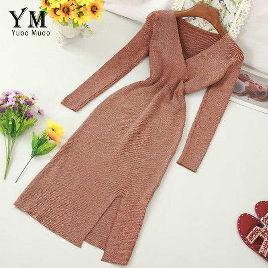 YuooMuoo Ins 2019 Fashion Shining V Neck Knitted Dress Women Elegant Autumn Korean Style Office Dress Ladies Bodycon Midi Dress