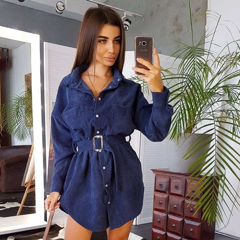 Women Casual Sashes Shirt Dress Long Sleeve Button Turn Down Collar Winter Dress Fashion Mini Vintage Dress Club Party