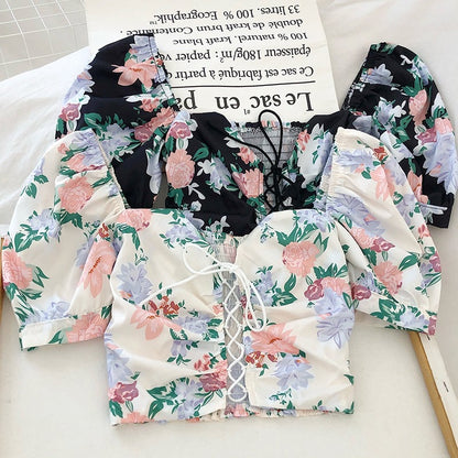 Ins Fashion Women Floral Print  Drawstring Blouses Shirt Women Short Sleeve French Vintage Bandage Lace Tops Female Blusas