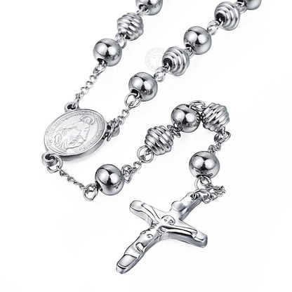 Davieslee Womens Men's Necklace Stainless Steel Chain Bead Rosary Long Necklace Jesus Christ Cross Prayer Jewelry DLKN434