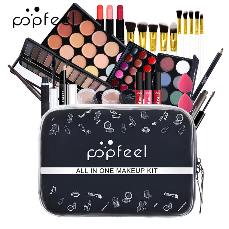 POPFEEL All In One Makeup Kit(Eyeshadow, LiGloss,Lipstick,Brushes,Eyebrow,Concealer)Beauty Cosmetic Bag