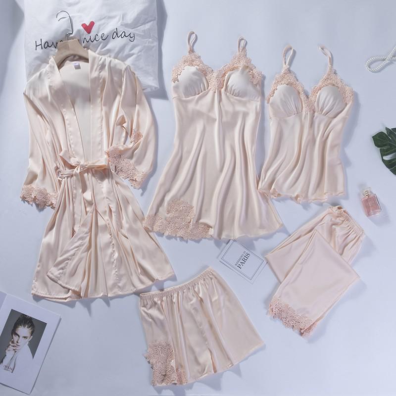 5pcs V-Neck Nightwear Pajamas Sets Bride Wedding Nightwear Sexy Womens Lace Sleepwear Sleep Suit Spring Casual Satin Pijamas