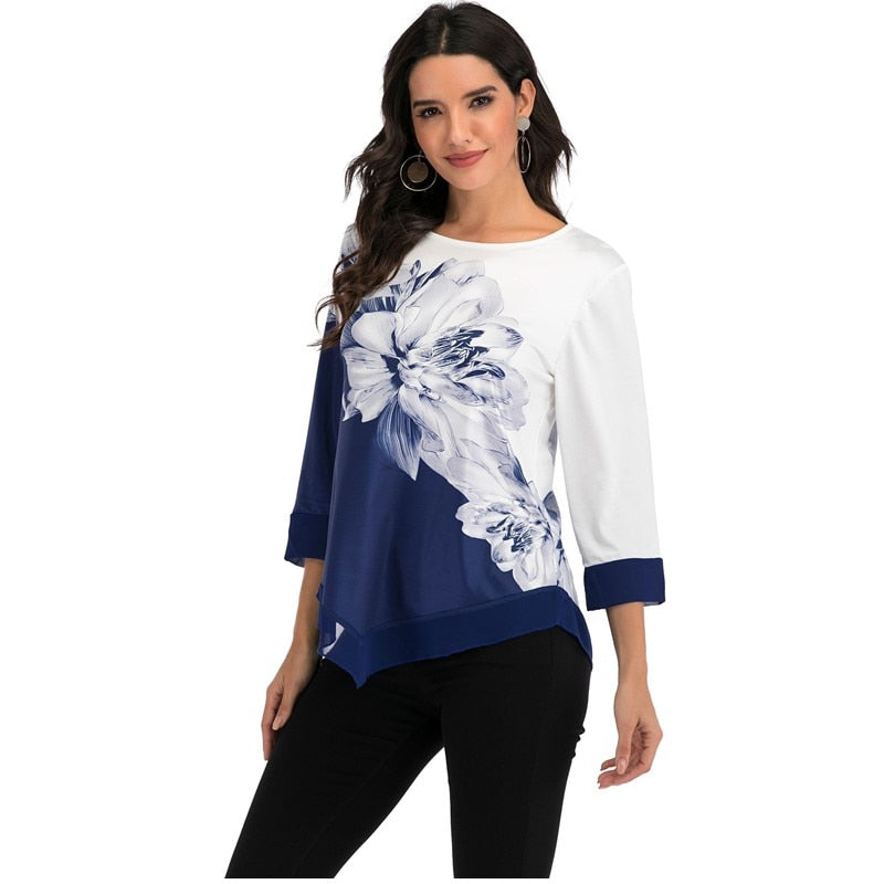 Women's Floral Blouse 3/4 Sleeve Casual Hem Irregularity Female fashion shirt Tops Oversized