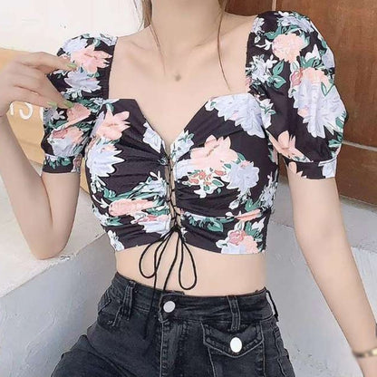 Ins Fashion Women Floral Print  Drawstring Blouses Shirt Women Short Sleeve French Vintage Bandage Lace Tops Female Blusas