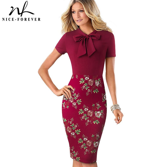 Nice-Forever Elegant Floral Patchwork Business Turn-Down Collar vestidos Formal Work Office Bodycon Women Female Dress B535