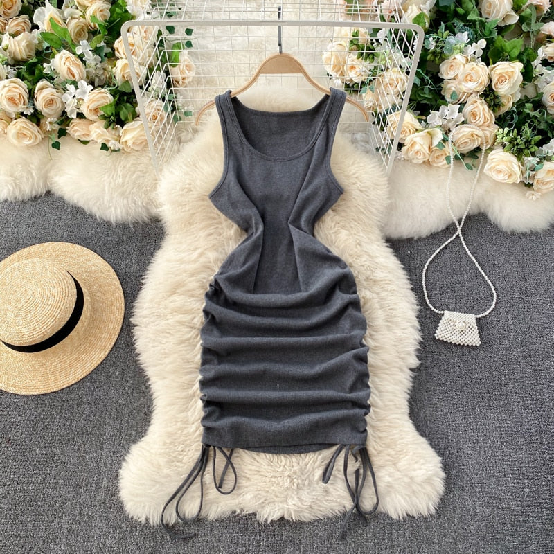 Foamlina Casual Summer Women Dress Solid O-neck Sleeveless Drawstring Ruched Mini Bodycon Dress Casual Streetwear Rib Knit Dress