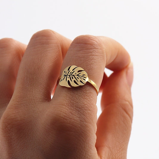 Tropical Leaf Ring Greenery Jewelry Gold Plated Palm Leaf Rings For Women Ring Stainless Steel Anillos Hombre Hawaiian Gift