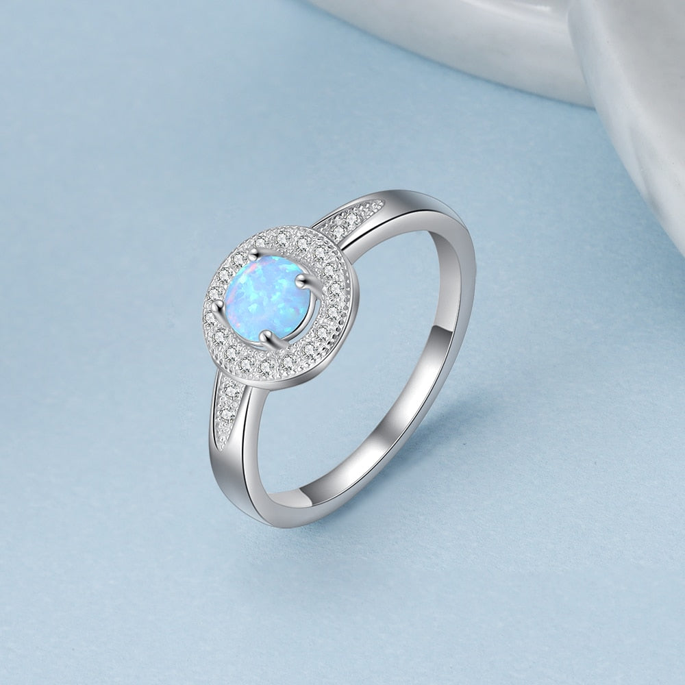 Silver Color Round Blue Opal Rings for Women Zircon Wedding Jewelry Birthday Gift For Girlfriend (Lam Hub Fong)