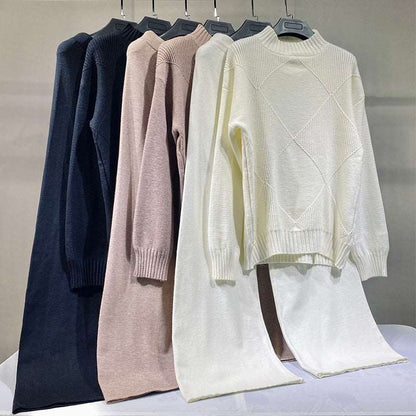 2021 Women Tracksuits Chic 2 Piece Set Knitted Solid Lounge Suit Cashmere Blend Pullover Sweater Wide Leg Pants Two Pieces Sets