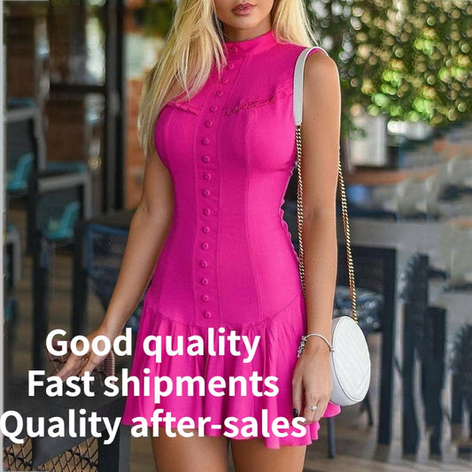 Women&#39;s Dress Casual Ruffle Hem Sleeveless Dress Elegant Stand Collar Mini Dress Summer Casual Swing Dress Sexy Pink Dress