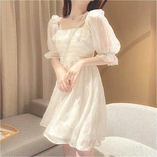 French Summer Dress Women White Puff Sleeve Korean Style Fairy Dress Lace Chiffon Japan Style Kawaii Elegant Vintage Dress 2021