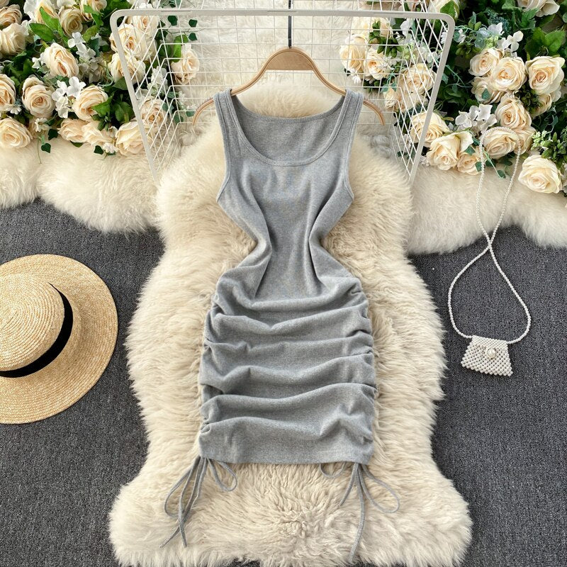 Foamlina Casual Summer Women Dress Solid O-neck Sleeveless Drawstring Ruched Mini Bodycon Dress Casual Streetwear Rib Knit Dress