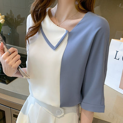 Blusas Mujer De Moda 2022 New Loose Chiffon Shirt Women&#39;s Blouses and Tops Skew Collar Short Sleeve Solid Elegantes Female 1069