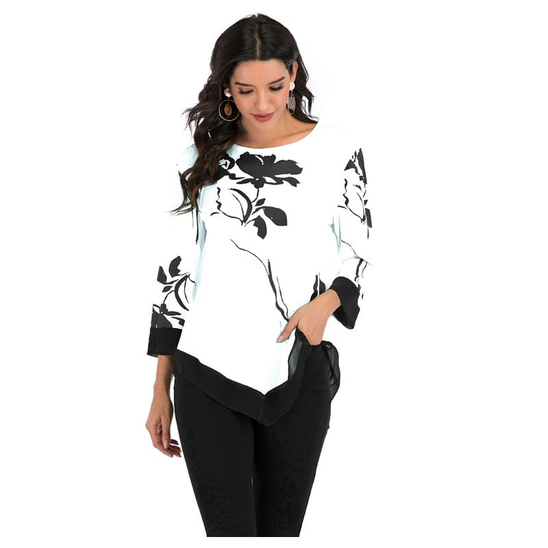 Women's Floral Blouse 3/4 Sleeve Casual Hem Irregularity Female fashion shirt Tops Oversized