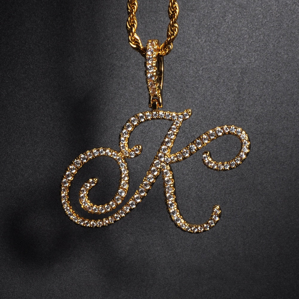 D&Z New A-Z Cursive Letters Name Pendant &Necklace Iced Out Cubic Zircon Gold Silver Color Charm Hip Hop Jewelry