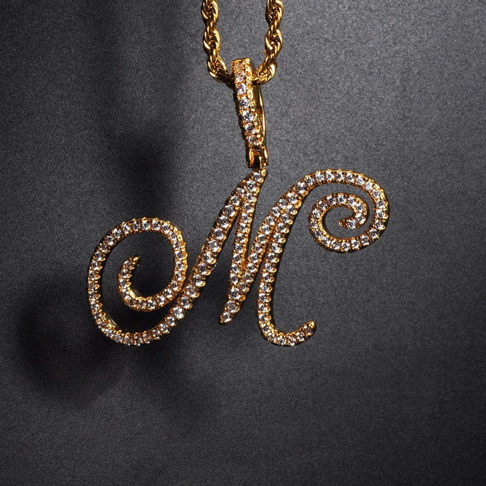 D&Z New A-Z Cursive Letters Name Pendant &Necklace Iced Out Cubic Zircon Gold Silver Color Charm Hip Hop Jewelry