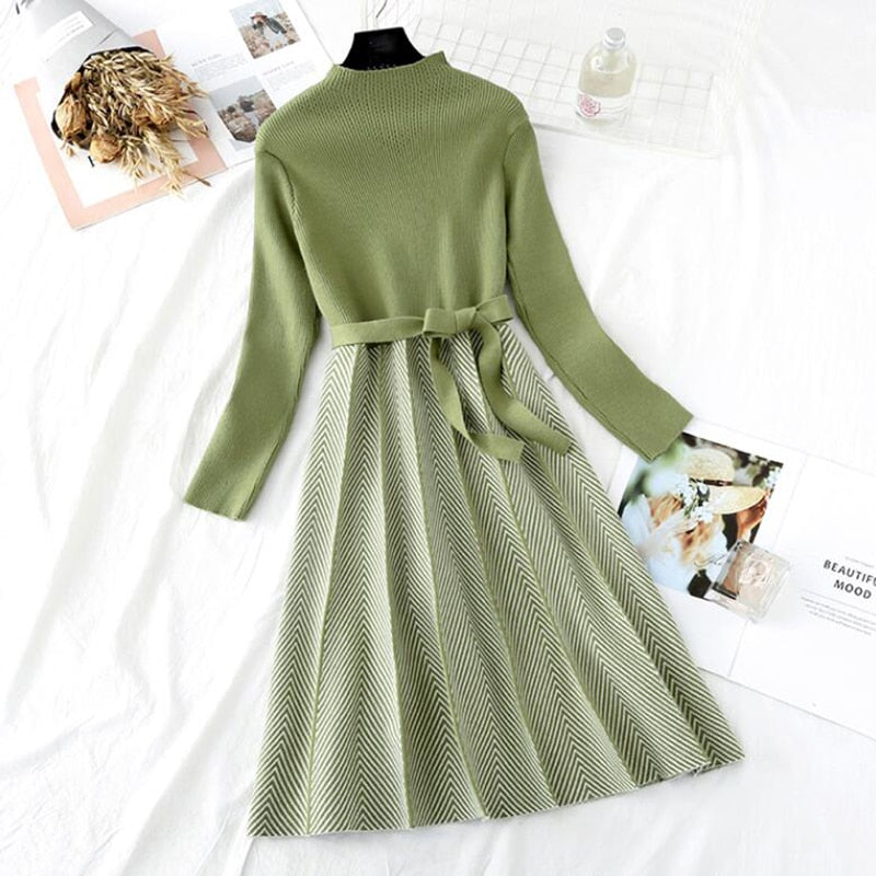 Autumn Winter Women Knitted Dress 2020 New Korean Long Sleeve Half turtleneck A Line Sweater Dress Elegant Ladies Bandage Dress