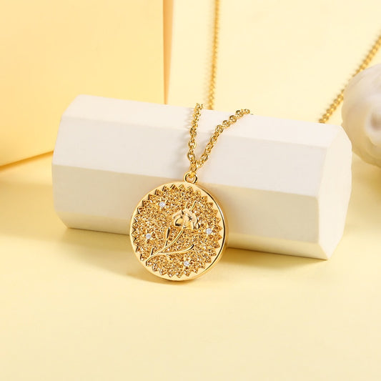 Vintage  Color 12 Months Flower Coin Necklaces Stainless Steel Geometric Round Clavicle Chain Pendant Fashion Jewelry Gifts