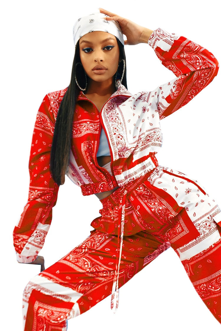 Paisley Bandana Print Two 2 Piece Set Women Fitness Sweatsuit Zipper Up Sweatshirt + Jogger Pants Set Tracksuit Vintage Outfits