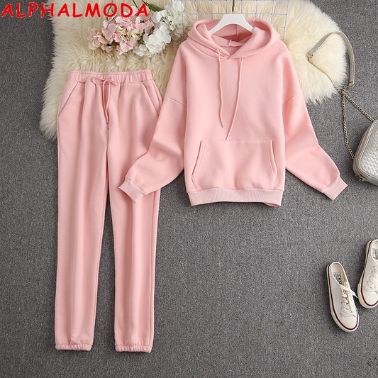 ALPHALMODA New Winter Hooded Sweatshirt Pants 2pcs Set Seasonal Trendy Thickened Warm Fleece Tracksuits Trousers Set Candy Colo