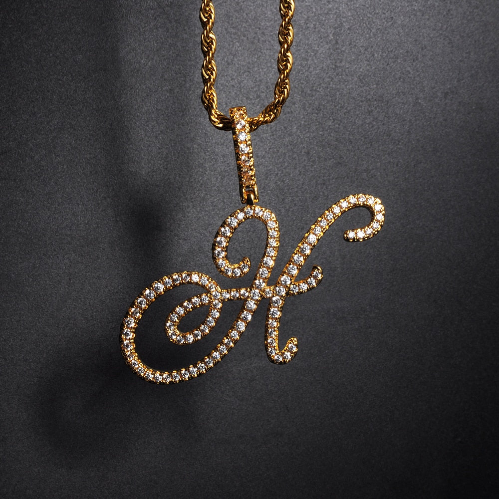 D&Z New A-Z Cursive Letters Name Pendant &Necklace Iced Out Cubic Zircon Gold Silver Color Charm Hip Hop Jewelry