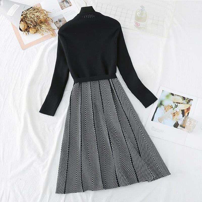 Autumn Winter Women Knitted Dress 2020 New Korean Long Sleeve Half turtleneck A Line Sweater Dress Elegant Ladies Bandage Dress