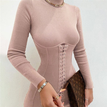 Cryptographic Long Sleeve Lace Up Mini Dresses Knitting Club Party Dress Elegant Bodycon Dress Autumn Mock Neck Dress Casual