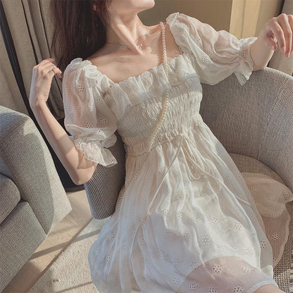 French Summer Dress Women White Puff Sleeve Korean Style Fairy Dress Lace Chiffon Japan Style Kawaii Elegant Vintage Dress 2021