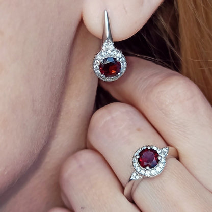 3.15Ct Natural Red Garnet Classic Earrings Ring Set with  925 Sterling Silver