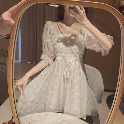 French Summer Dress Women White Puff Sleeve Korean Style Fairy Dress Lace Chiffon Japan Style Kawaii Elegant Vintage Dress 2021