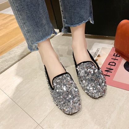 Doug shoes female 2021 Spring and Autumn Korean version Versatile Flat bottom student Internet celebrity Four seasons Single shoes Sequins Lazy man Lefu shoes