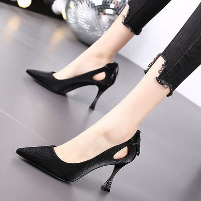 high-heeled shoes Fine heel 2021 new pattern spring and autumn summer Dadong Sharp point sexy Hollow out girl bow Versatile Single shoes