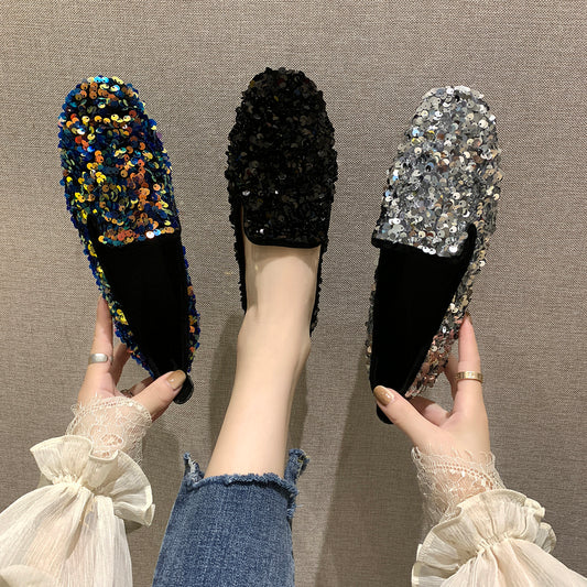 Doug shoes female 2021 Spring and Autumn Korean version Versatile Flat bottom student Internet celebrity Four seasons Single shoes Sequins Lazy man Lefu shoes