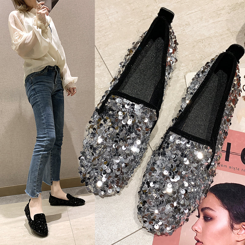 Doug shoes female 2021 Spring and Autumn Korean version Versatile Flat bottom student Internet celebrity Four seasons Single shoes Sequins Lazy man Lefu shoes