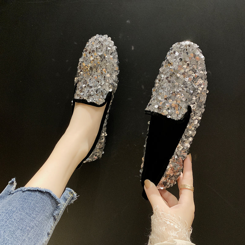 Doug shoes female 2021 Spring and Autumn Korean version Versatile Flat bottom student Internet celebrity Four seasons Single shoes Sequins Lazy man Lefu shoes