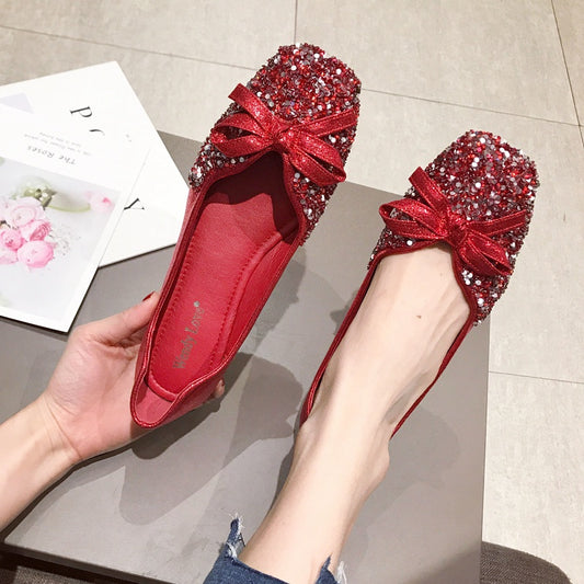 Wendy Love shoes female 2021 autumn new pattern Wedding shoes Fairy shoes Sequins gules Flat bottom Single shoes female Square head Big size Women's Shoes