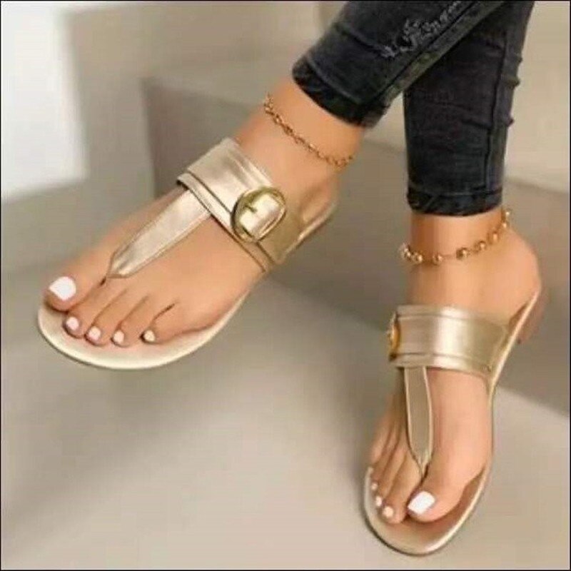 Sandals Women 2022 Summer New Beach Flip Flop Fashion Buckle Strap Flat Metal Decor Clip-toe Roman Shoes Casual Outdoor Sandals