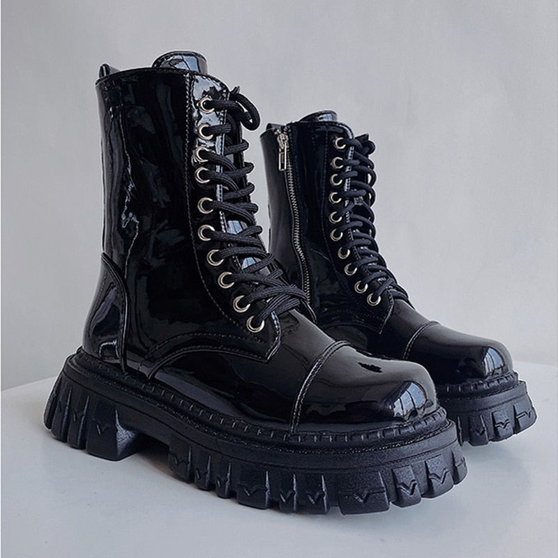 2022 Winter New Women Boots Luxury Zip Brand Design Black Punk Goth Platform Chelsea Fashion Fighting Lace-up Bike Buty Damskie