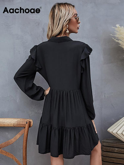 Aachoae Summer Autumn Women Black Dress Ruffles Long Sleeve Elegant Shirt Dress Loose Casual Pleated Mini Dress Sundress Robe