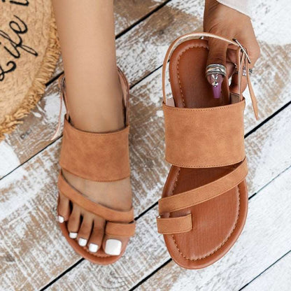 2022 Summer New Roman Sandals Girls Pullover Toe Buckle Flat Beach Women&#39;s Shoes Retro Brown Narrow Band Sandals Plus Size 35~43