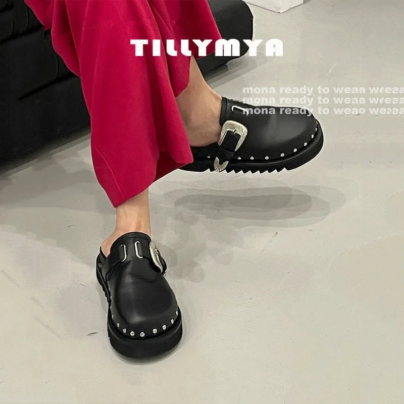 Summer Women Shoes Punk Metal Rivet Charms Black PU Mules Slip On Outdoor Platform Modern Slippers Casual Shoes For Female