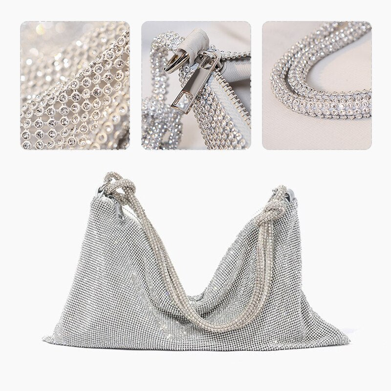 Full Rhinestone Evening Bag Silver Shiny Hobo Bag Crystal Purses and Handbags Knot Handle with Earring Dinner Party Wedding XA2H