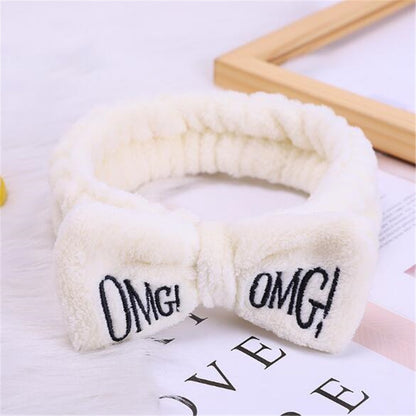 Elastic OMG Letters Bow Hairbands For Women Girls Coral Fleece Makeup Headband Hair Bands Wash Face Headwear Hair Accessories