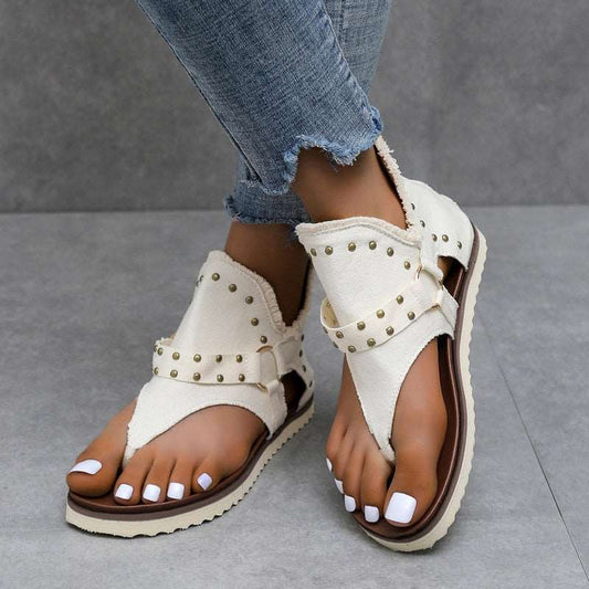 2022 Summer New Style Rivet Sandals Women&#39;s Fashion Zipper Flat Retro Flip-flops Comfortable Clip-toe Beach Sandalias for Women