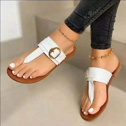 Sandals Women 2022 Summer New Beach Flip Flop Fashion Buckle Strap Flat Metal Decor Clip-toe Roman Shoes Casual Outdoor Sandals